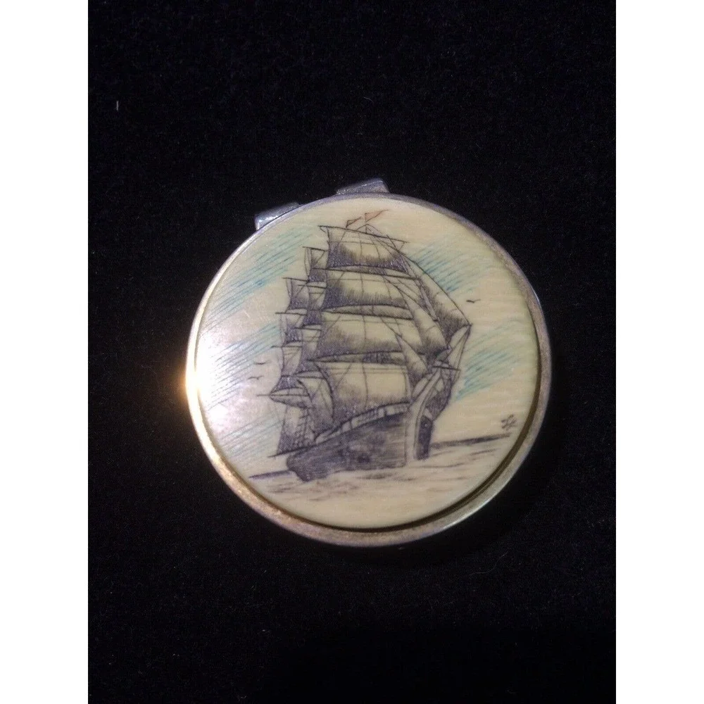 Scrimshaw Money Clip Handmade Sailing Vessel Round On Stainless Steel Gorgeous